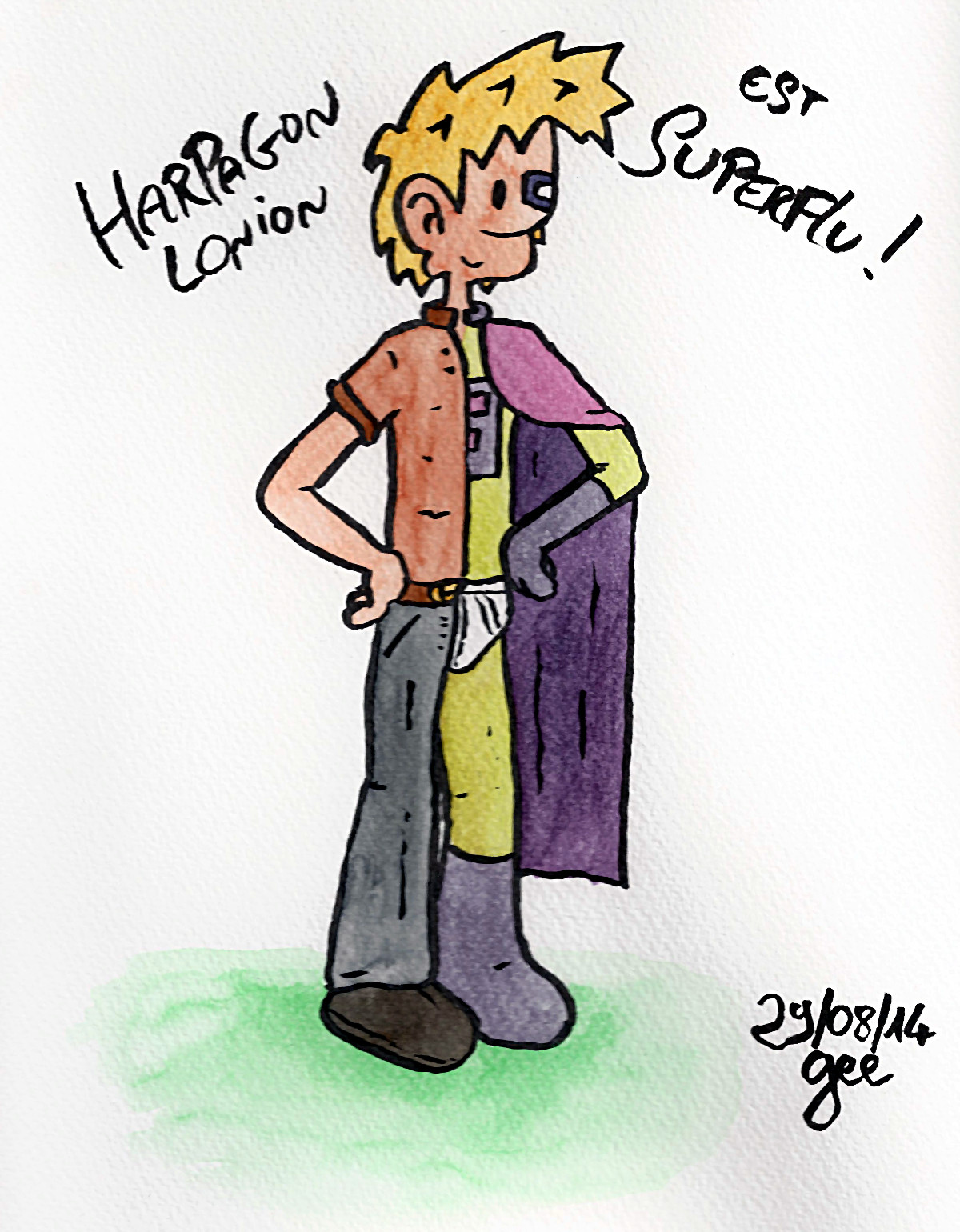 Le personnage est représenté scindé en deux : la partie droite est Harpagon dans ses habits civils, la partie gauche le représente en Superflu. La légende dit « Harpagon Lonion est Superflu ! » Note : dessin sous licence CC BY SA (grisebouille.net), dessiné le 29 août 2014 par Gee.