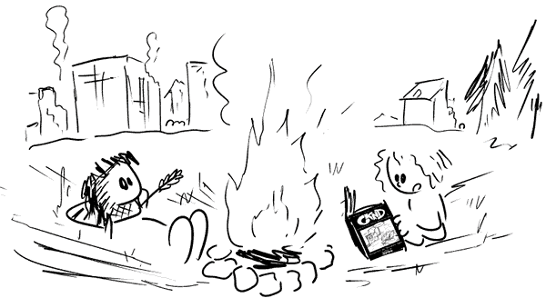 Gee, vieux, est allongé à côté d'un feu, un épi de blé dans la bouche. Une petite fille lit la BD GKND à côté. En fond, une ville dévastée.