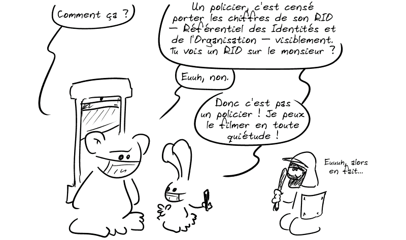 Nounours : « Comment ça ? » Le lapin explique : « Un policier, c'est censé porter les chiffres de son RIO – Référentiel des Identités et de l'Organisation – visiblement. Tu vois un RIO sur le monsieur ? » Nounours : « Euuh, non. » Le lapin : « Donc c'est pas un policier ! Je peux le filmer en toute quiétude ! » Le personnage casqué, gêné : « Euuuh, alors en fait… »