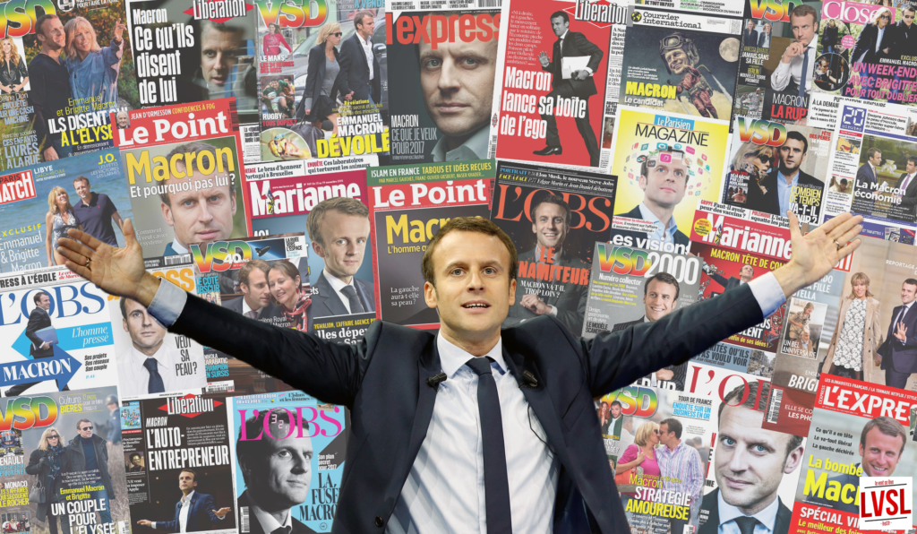 Macron devant les dizaines de couvertures lui ayant été consacrées