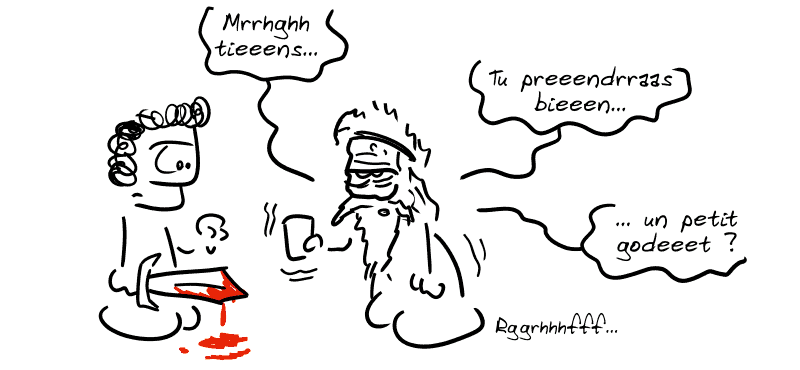 Égée tend une coupe à Thésée : « Mrrhghh tieeens… tu prendraas bien… un petit godeet… ? Rggrhhhfff… » Égée est dubitatif.