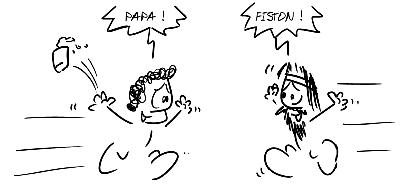 Égée et Thésée se jettent dans les bras l'un de l'autre : « Papa ! » « Fiston ! » Médée, derrière, pense : « Chiotte. »