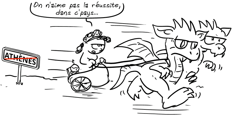 Médée, blasée, s'enfuit à nouveau dans son char tiré par des dragons, avec son fils Médos. Elle chante : « On n'aime pas la réussite, dans c'pays… » On voit un panneau qui indique la sortie de la ville d'Athènes.