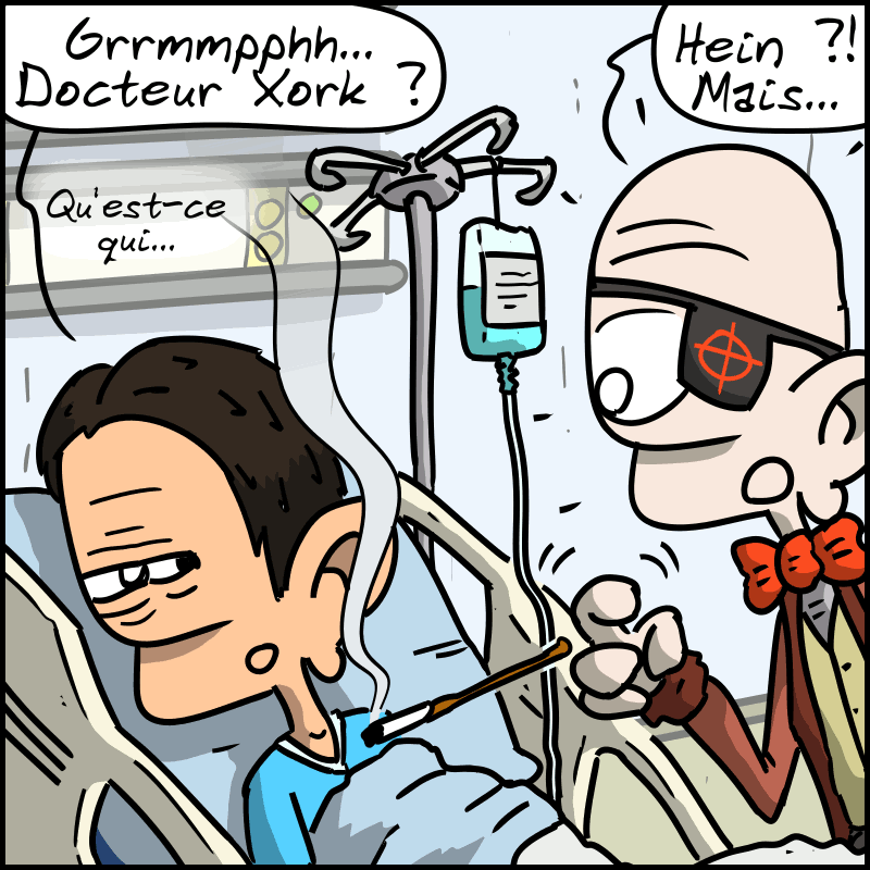 L'homme se réveille : « Grrmmpph… Docteur Xork ? Qu'est-ce qui… » Le méchant : « Hein…  mais ?! »