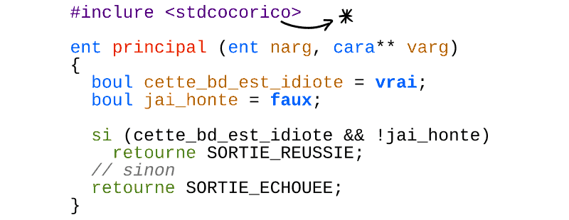 Un morceau de code C++ en français : #inclure <stdcocorico*> ent principal (ent narg, cara** varg) { boul cette_bd_est_idiote = vraie; boul jai_honte = faux; si (cette_bd_est_idiote && !jai_honte) retourne SORTIE_REUSSIE; sinon retourne SORTIE_ECHOUEE; }