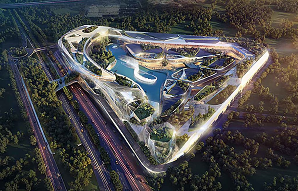 Image of the OpenSky project showing the huge shopping mall in the middle of the forest.