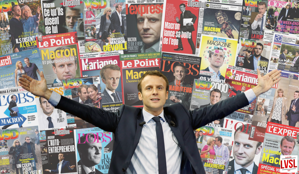 Macron in front of the dozens of covers devoted to him