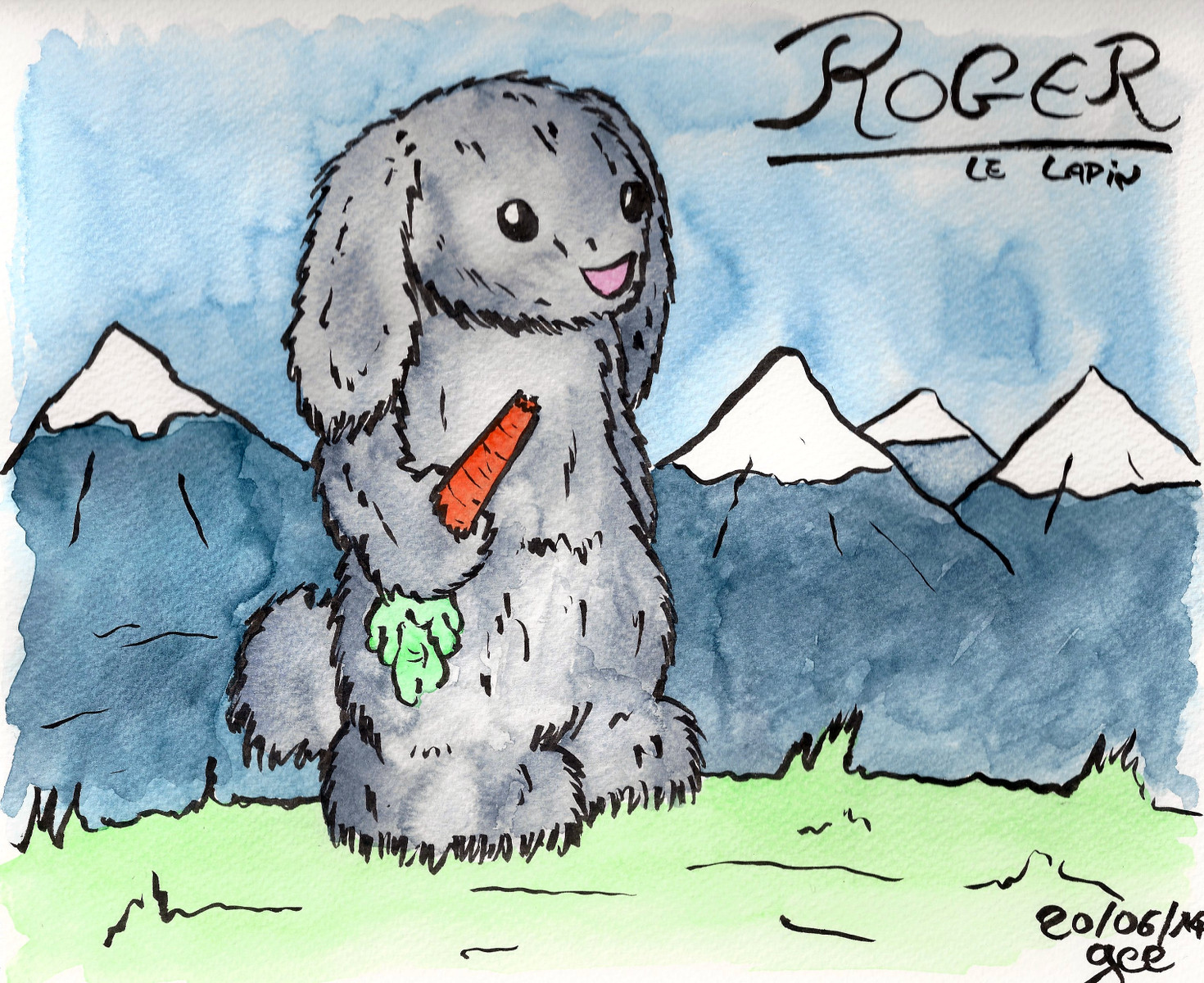 Roger le lapin, un lapin avec une carotte à la main. Note : dessin sous licence CC BY SA (grisebouille.net), dessiné le 20 juin 2014 par Gee.