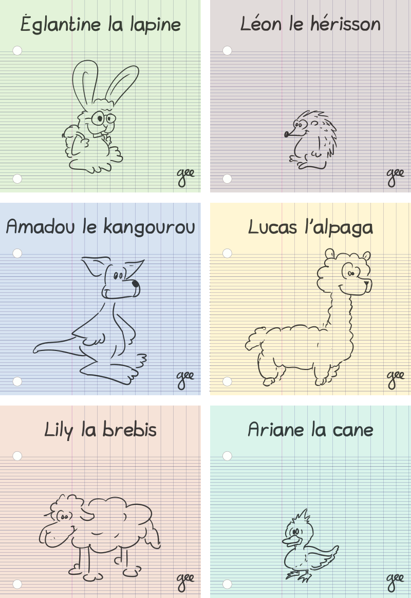 Six « fausses » couvertures avec un fond de page quadrillée : Églantine la lapine, Léon le hérisson, Amadou le kangourou, Lucas l'alpaga, Lily la brebis, Ariane la cane.