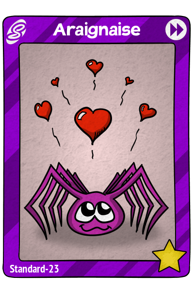 Carte Sillymon numéro 23, « Araignaise » : on voit une araignée violette avec deux gros yeux brillants, et des cœurs au-dessus d'elle.