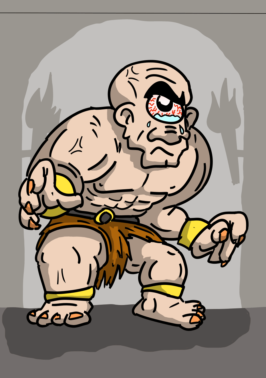 Un cyclope, l'œil injecté de sang et qui pleure. Il a un pagne marron, des bracelets aux jambes et aux pieds, et a une posture menaçante.