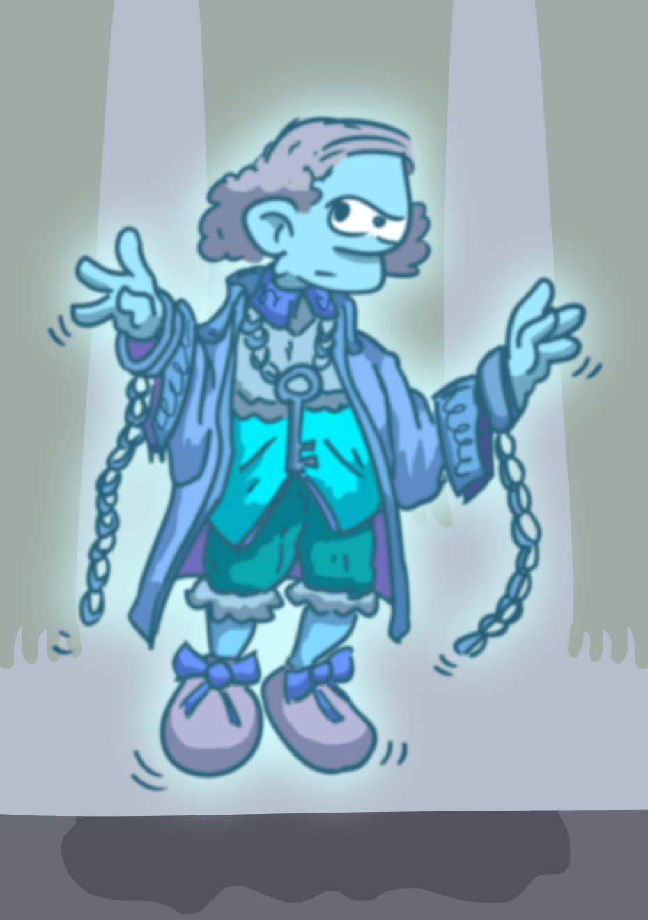 Un fantôme qui flotte dans les airs. Il a une teinte bleutée, des chaînes aux poignets, une clef autour du cou, et un costume plutôt aristocrate.