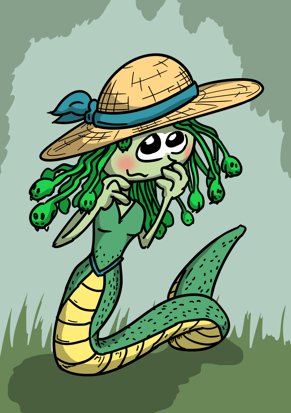 Une méduse, les cheveux en serpent sous un chapeau. Elle a les joues rouges, elle est souriante mais l'air timide.