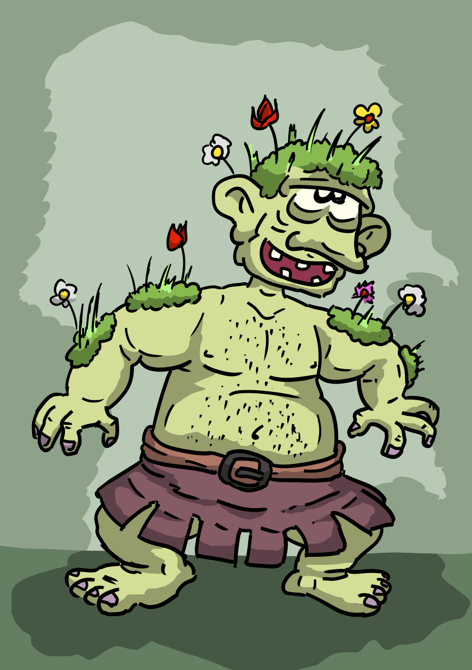 Un ogre, l'air un peu idiot, avec de la mousse et des fleurs sur la tête et les épaules. Il a un pagne violet, une posture un peu menaçante mais les yeux dans le vague.