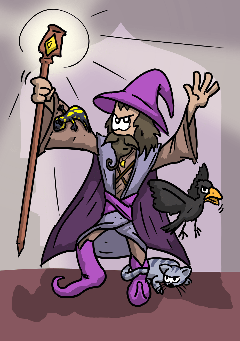 Un sorcier avec un chapeau pointu violet, une cape, un bâton magique. Il a la posture d'un jet de sort. Il a une salamandre sur le bras, un chat à ses pieds et un corbeau à ses côtés.