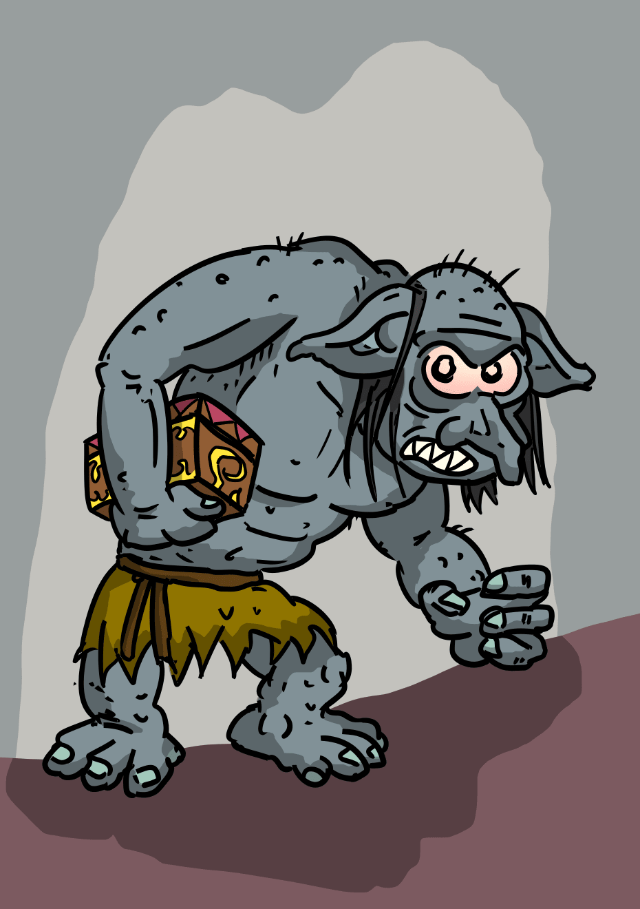 Un troll, l'air mauvais, menaçant, quelques cheveux sur le côté, avec une petite boîte sous le bras. Il a un pagne jaune et les yeux rougis.