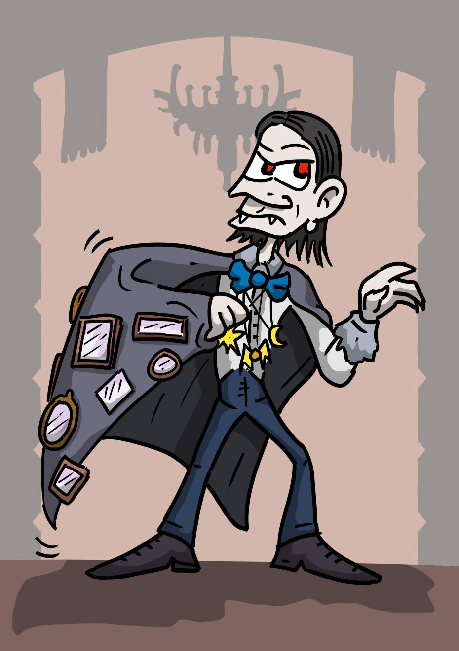 Un vampire aux yeux rouges, la peau blanche, les cheveux en arrière, une cape avec plein de miroirs accrochés dessus, et des amulettes autour du cou.