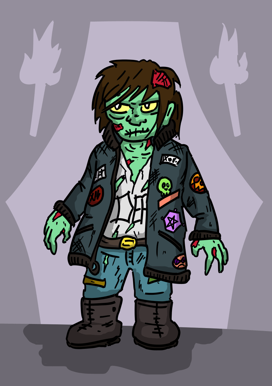 Un zombie vert, les yeux jaunes, avec des plaies rouges partout, une veste en cuir abimée, des badges partout, et un t-shirt déchiré.