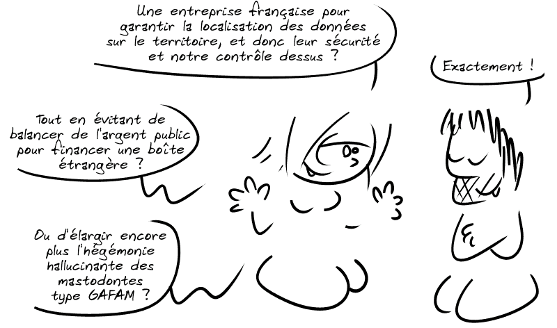 La Geekette demande : « Une entreprise française pour garantir la localisation des données sur le territoire, et donc leur sécurité et notre contrôle dessus ? Tout en évitant de balancer de l'argent public pour financer une boîte étrangère ? Ou d'élargir encore plus l'hégémonie hallucinante des mastodontes type GAFAM ? » Gee répond en souriant : « Exactement ! »