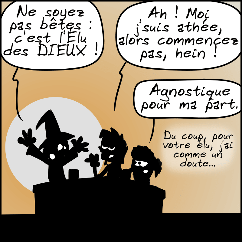 Le magicien s'exclame : « Ne soyez pas bêtes : c'est l'élu des DIEUX ! » L'elfe : « Ah ! Moi j'suis athée, alors commencez pas, hein ! » Le nain : « Agnostique pour ma part. Du coup, pour votre élu, j'ai comme un doute… »
