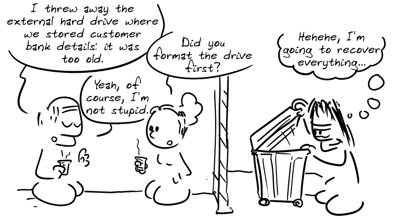 A guy in an office says, “I threw away the external hard drive where we stored customer bank details; it was too old.” A colleague replies, “Did you format the drive first?” “ The guy says, ”Yeah, of course, I'm not stupid.“ Outside, a malicious guy rummages through the trash, thinking, ”Hehehe, I'm going to recover everything..."