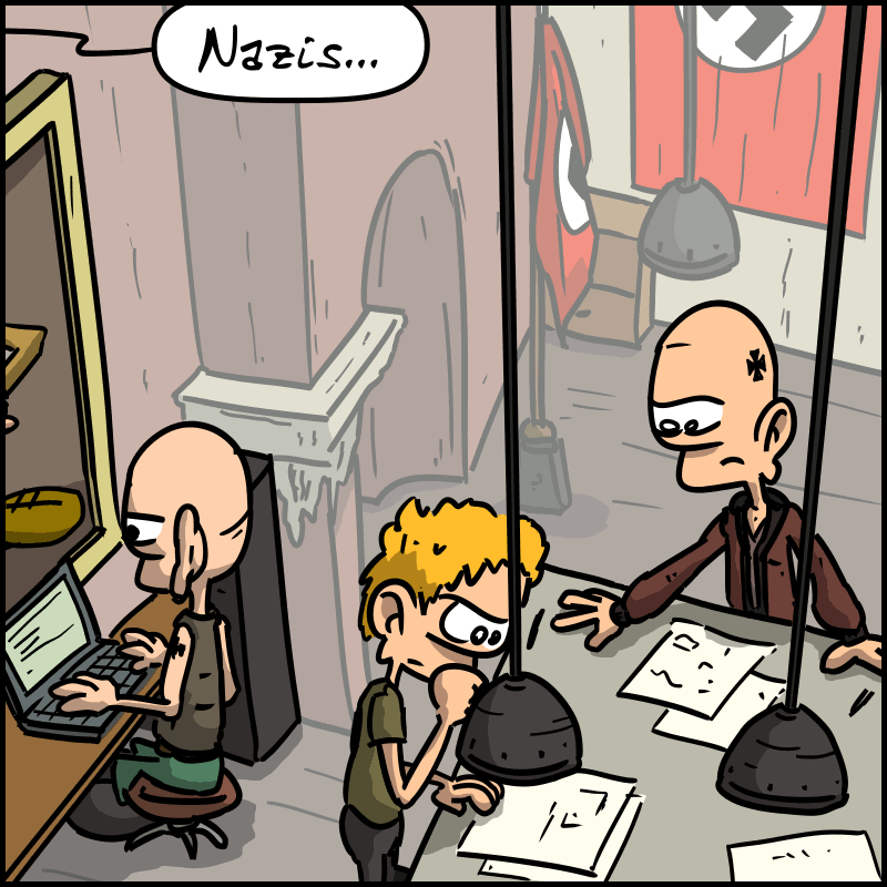 A bird’s-eye view of a room where skinheads are gathering, with neo-Nazi symbols everywhere. Andy says: “Nazis…”