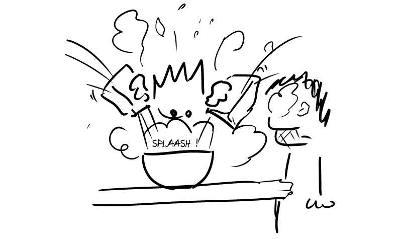 The Geek empties the boxes of flour and sugar with a sharp jerk, making a loud “SPLAASH!” sound. A cloud of powder rises.