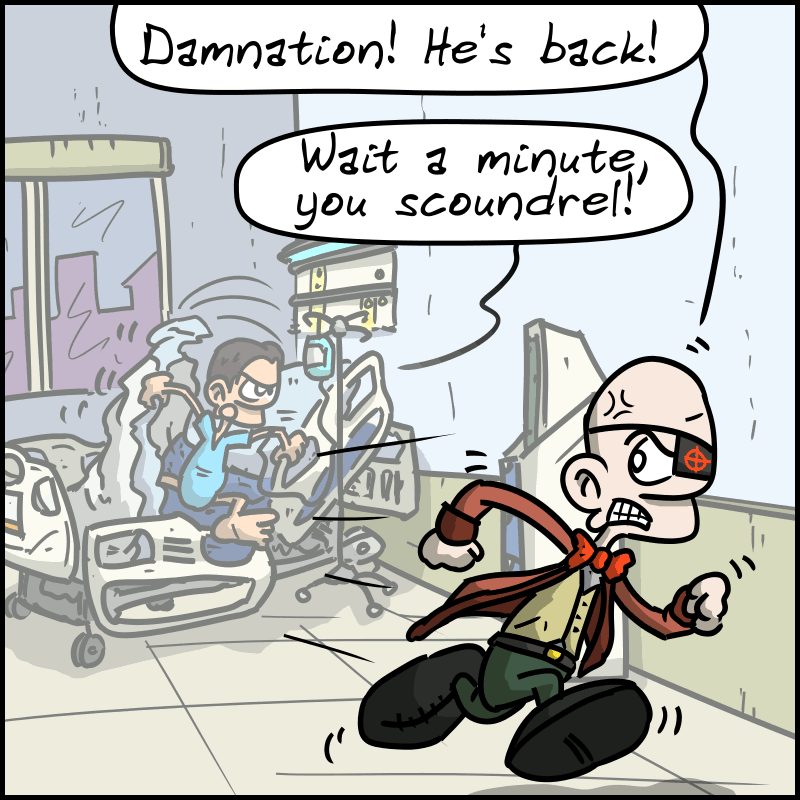 The villain runs away: “Damnation! He’s back!” The man is now alert and gets ready to jump out of bed: “Wait a minute, you scoundrel!”