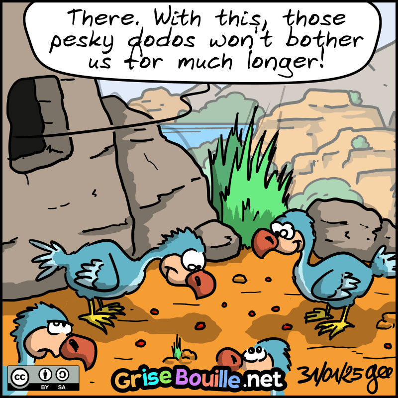 Outside the cave, we see two birds with big beaks looking at the little ball with hunger. From inside, we hear John-Cro or Magnon say: “There. With this, those pesky dodos won't bother us for much longer!” Note: Comic strip licensed under CC BY SA (grisebouille.net), drawn on January 31, 2025 by Gee.