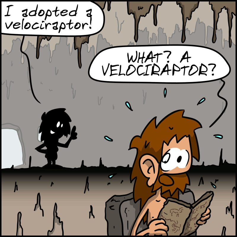 She continues: “I adopted a velociraptor.” John-Cro, who was reading a tablet, jumps in fright: “WHAT? A VELOCIRAPTOR?!”