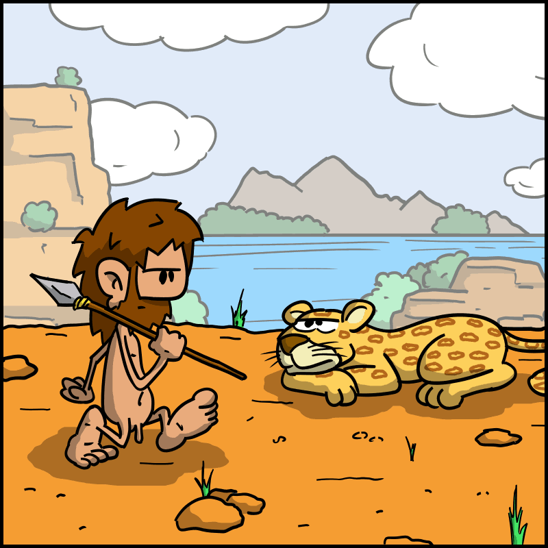 John-Cro walks with a spear in his hand and encounters a leopard.