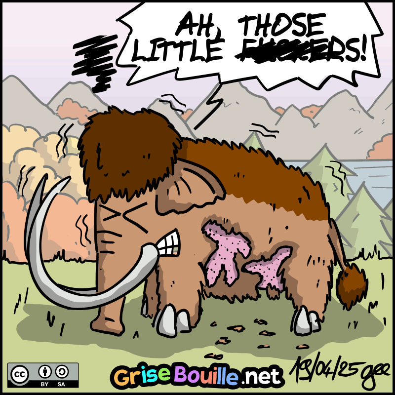The mammoth is awake and standing up, and we can see his entire body: the fur on his hindquarters has been shaved off. He cries out: “AH, THOSE LITTLE FUCKERS!” Note: Comic strip licensed under CC BY SA (grisebouille.net), drawn on April 19, 2025 by Gee.