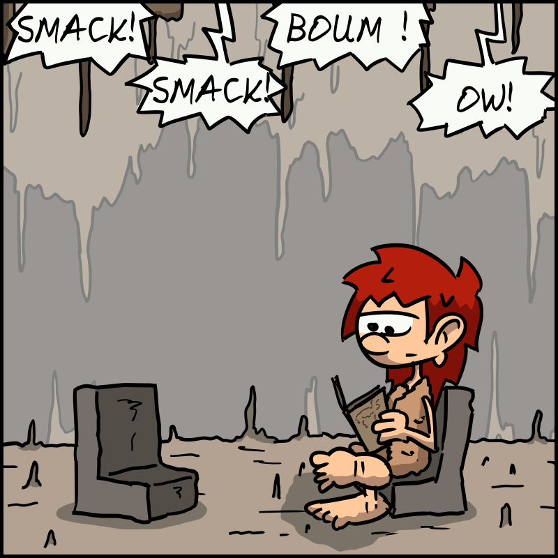 Close-up of Magnon, sounds of a struggle can be heard above (“SMACK! SMACK! BOOM! OW!”).