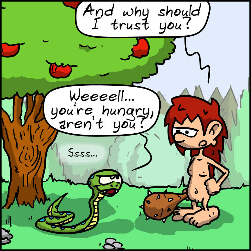 Wide shot. Magnon: “And why should I trust you?” The snake: “Weeeell... you're hungry, aren't you? Sssss...”