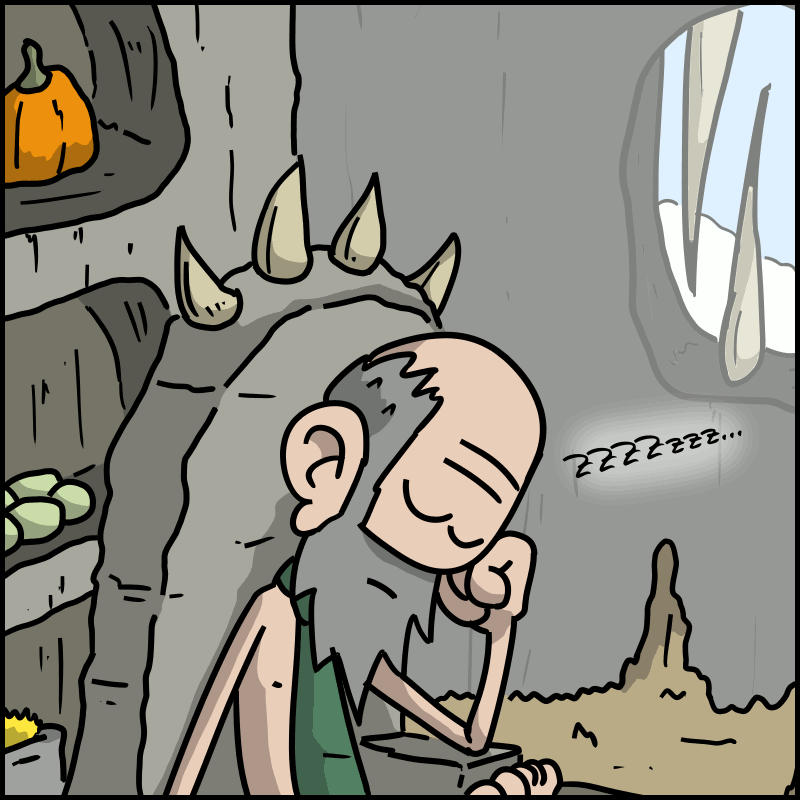 The owner is asleep, sitting on his throne.