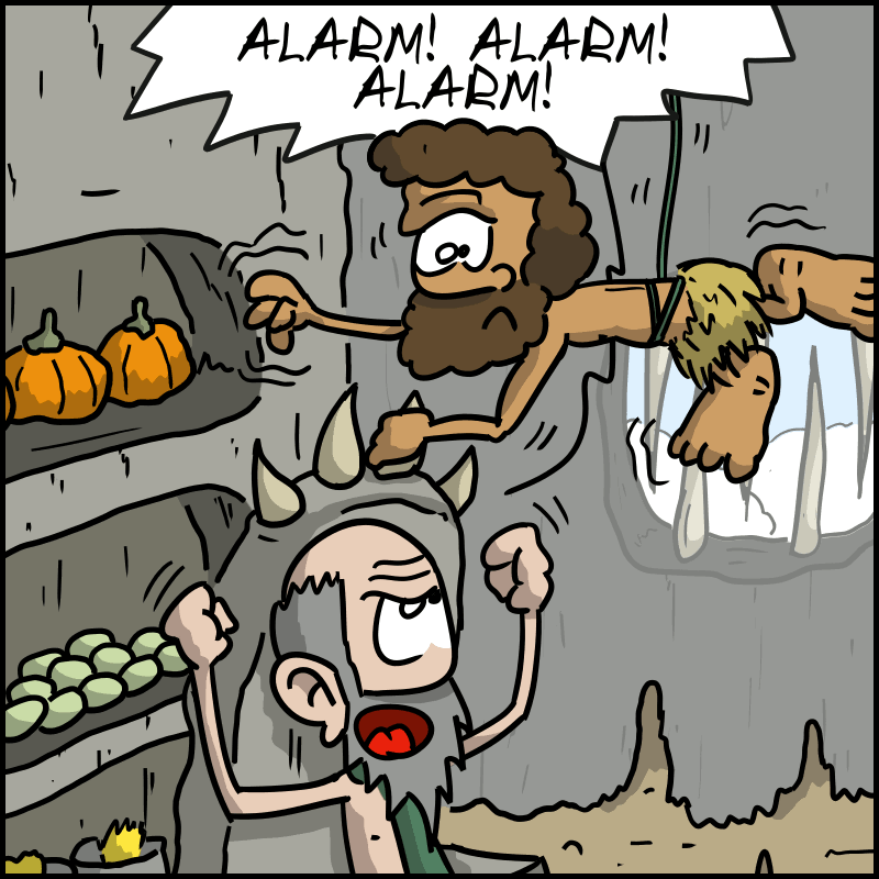 The owner shouts: “ALARM! ALARM! ALARM!” Neandertalo jumps.