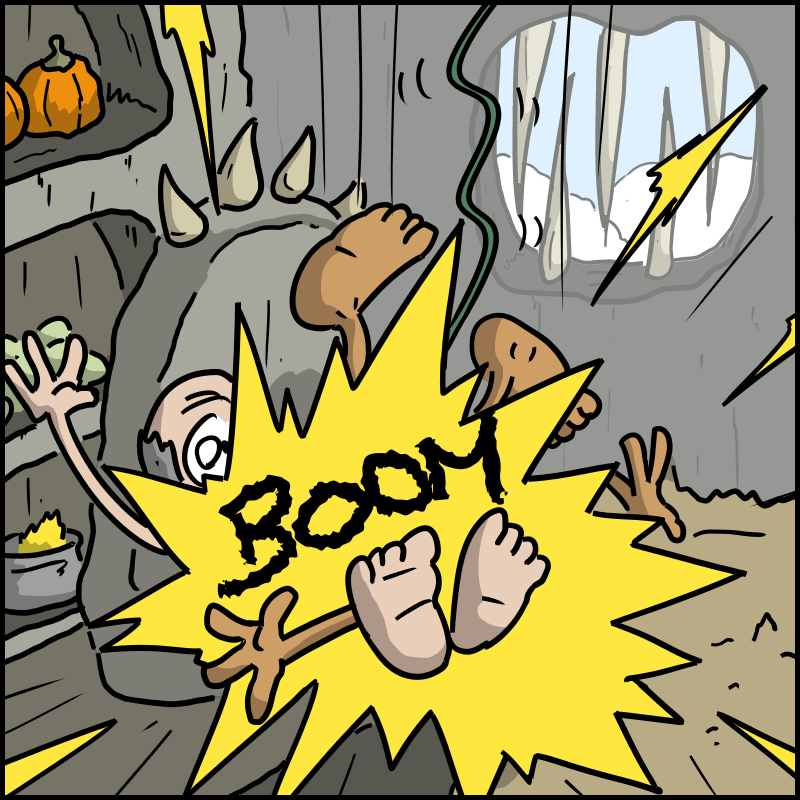 Neandertalo crashes into the owner with a loud “BOOM”.