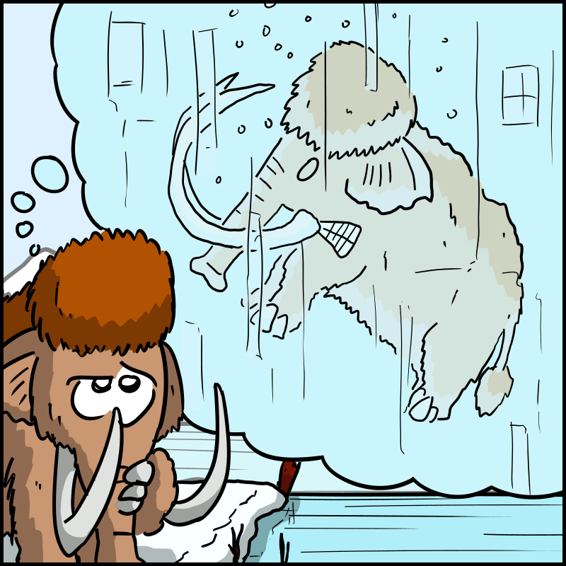 The mammoth imagines himself frozen in the ice.