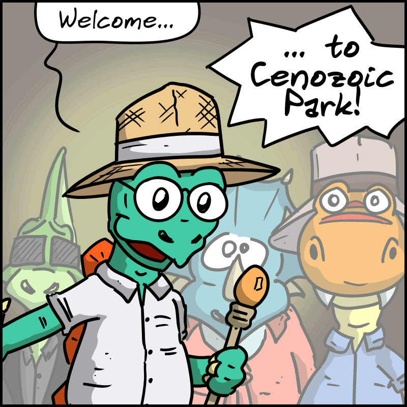 The dinosaur solemnly declares: “Welcome... to Cenozoic Park!”