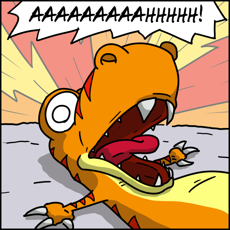 Image of the Tea-Rex. It's nighttime, and he wakes up screaming: “AAAAAAAAAAAHHH!” Didi is next to him and is awakened by the scream.