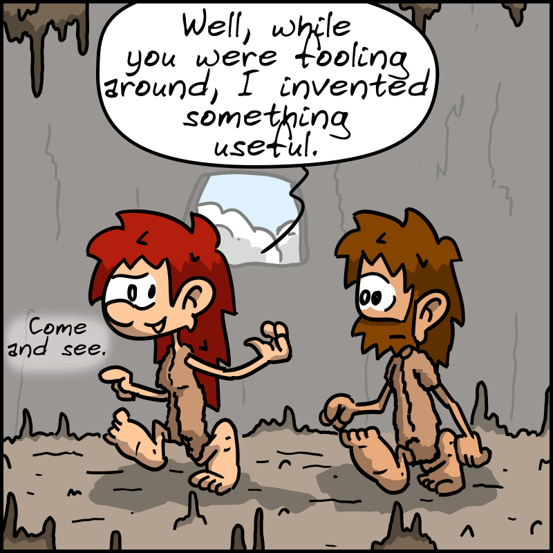 In the cave, Magnon leads John-Cro to the left and says to him: “Well, while you were fooling around, I invented something useful. Come and see.”