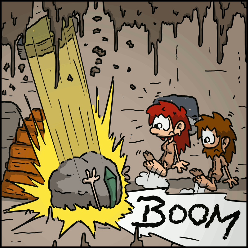 We see a trail crossing the ceiling and a big “BOOM” where the landlord is standing.