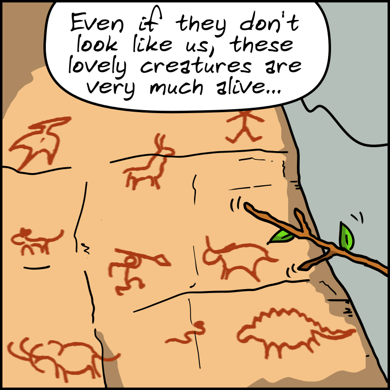 A prehistoric drawing, similar to those found in the Lascaux caves, depicting animals. A voice off-screen says: “Even if they don't look like us, these lovely creatures are very much alive...”