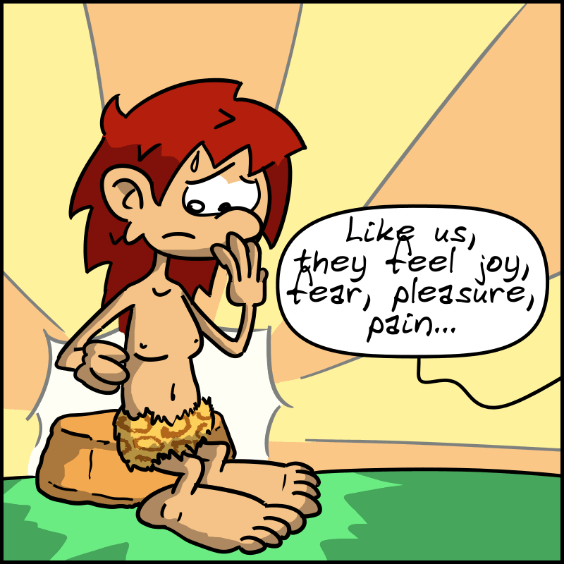 We see Magnon, still wearing her leopard-skin underwear, looking embarrassed as the voice continues: “Like us, they feel joy, fear, pleasure, pain...”