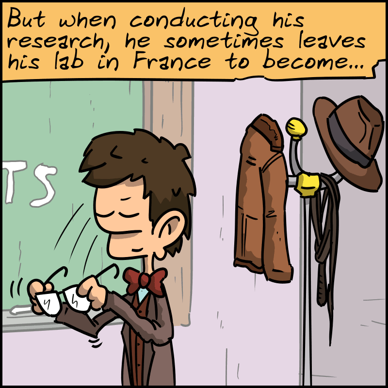 “But when conducting his research, he sometimes leaves his lab in France to become…” The professor takes off his glasses.