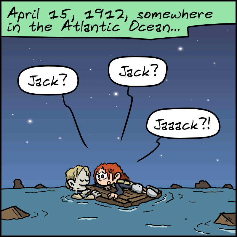 April 15, 1912, somewhere in the Atlantic Ocean… A scene from Titanic where Rose is lying on the door, with Jack clinging to the water beside her. Rose cries as she realizes Jack is dead: “Jack? Jack? Jaaack?!”