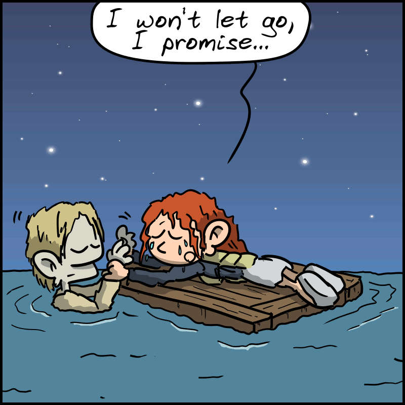 Rose pushes Jack’s body away, crying: “I won't let go, I promise…”