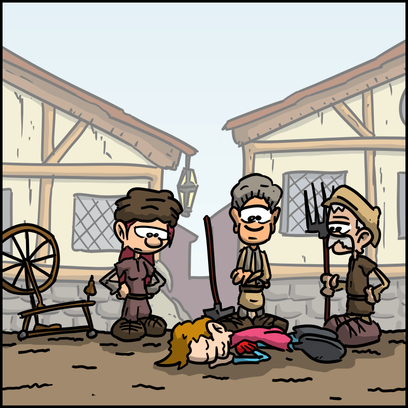 The prince is asleep on the ground; the peasants look at him, satisfied.