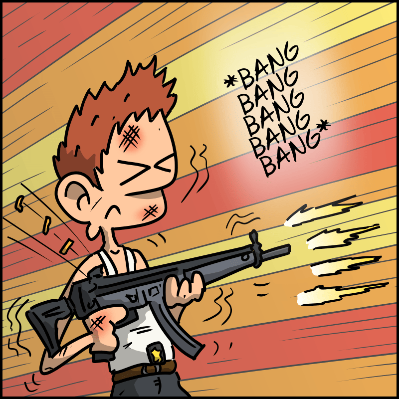 An action movie hero like John McClane is firing a machine gun.