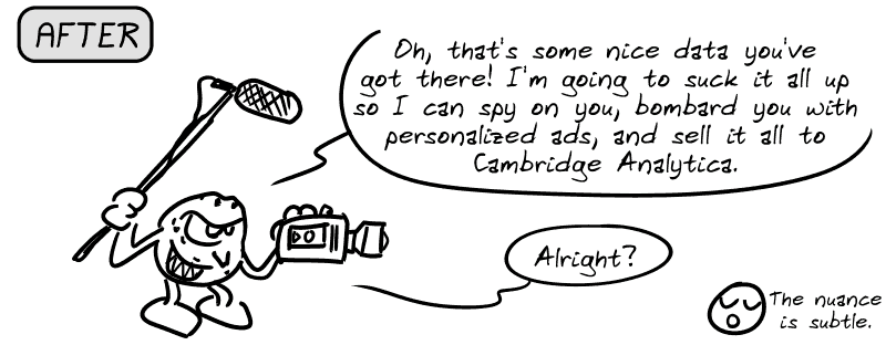 After. Same image, but the cookie adds: “Alright?” The smiley face: “The nuance is subtle.”